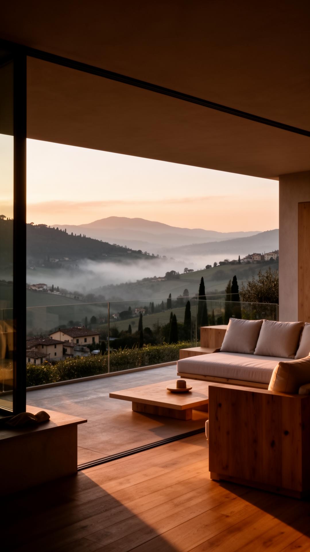 A quiet hotel terrace at first light overlooking the sea